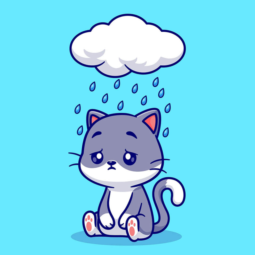 Dessin d'un chat triste avec un nuage au-dessus de la tête